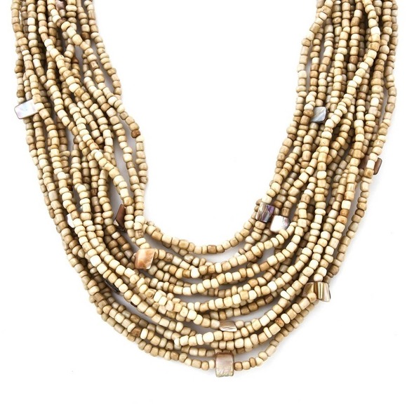 Cream Seed Bead Necklace Bracelet Stretches Wood Bead Necklace Multi Strand Boho - Picture 4 of 6